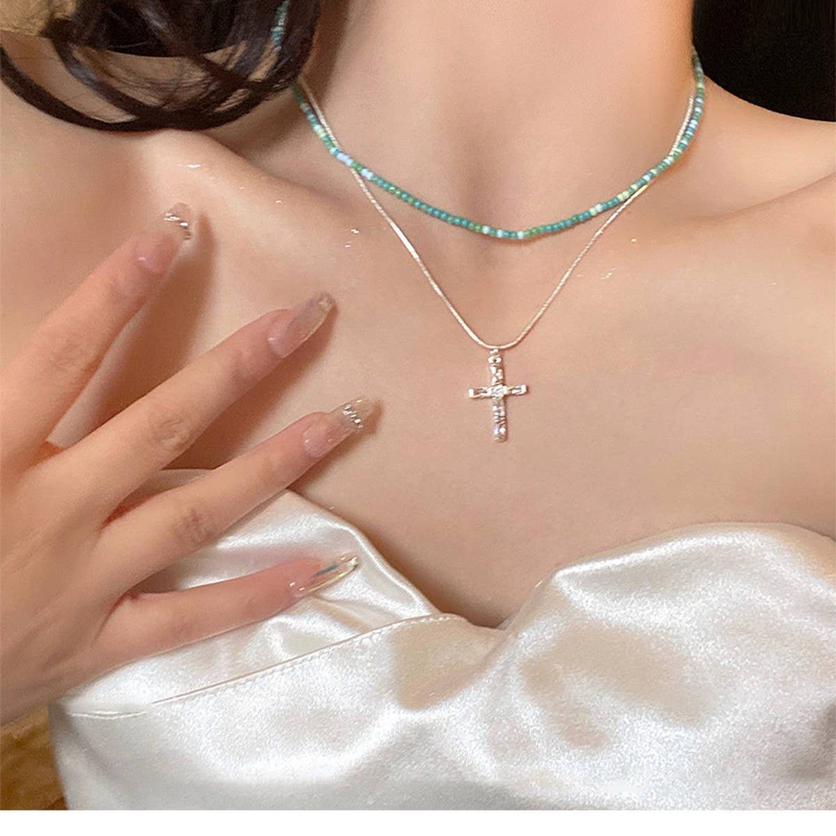 DOUBLE LAYERED CROSS PENDANT NECKLACE