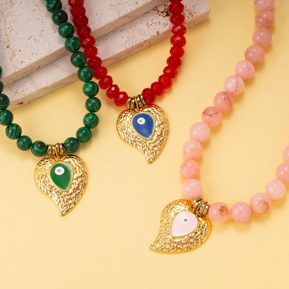 Colorful Beads Malachite Evil Eye Heart Necklace