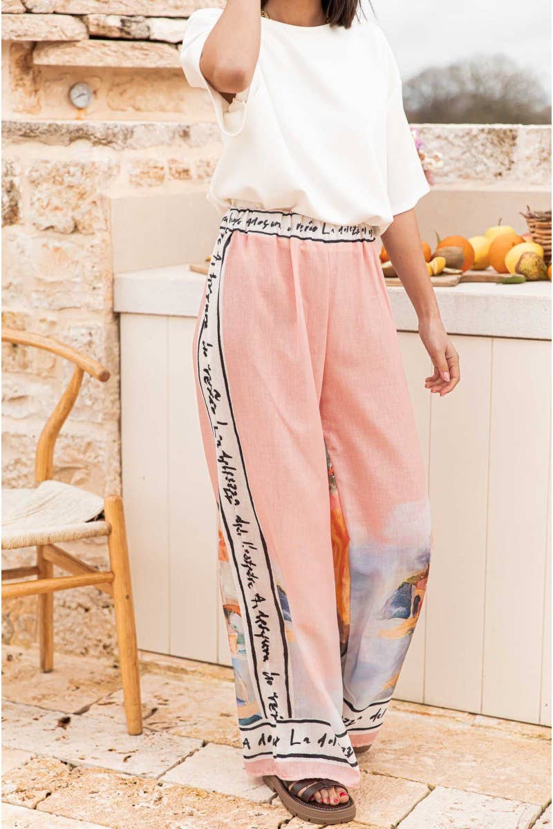 CWBLP885_GRAFFITI PRINT CASUAL WIDE-LEG STRAIGHT-LEG PANTS