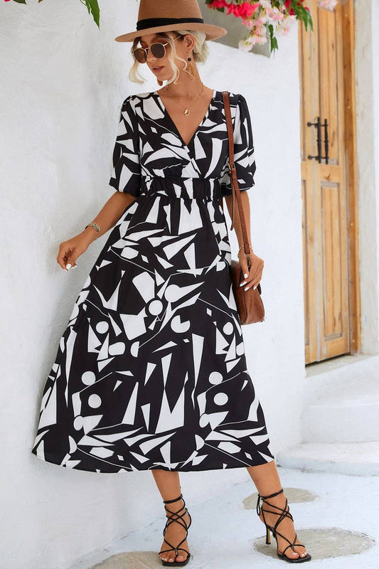 CWDMD2751_V NECK GEOMETRIC PRINT DRESS