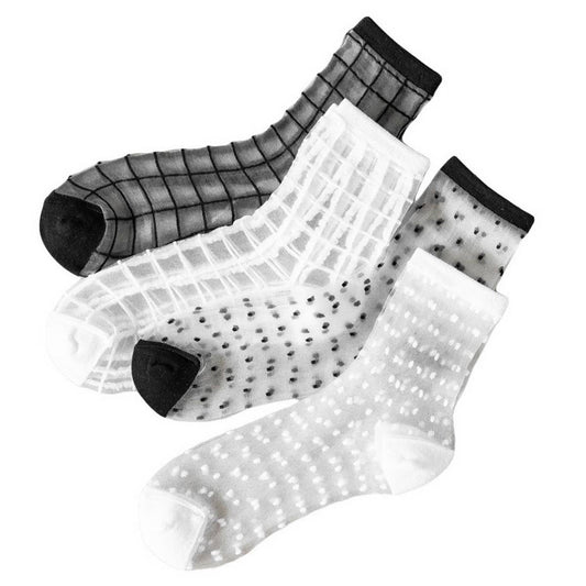 BLACK AND WHITE JACQUARD TRANSPARENT MID-TUBE SOCKS_CWMS0414