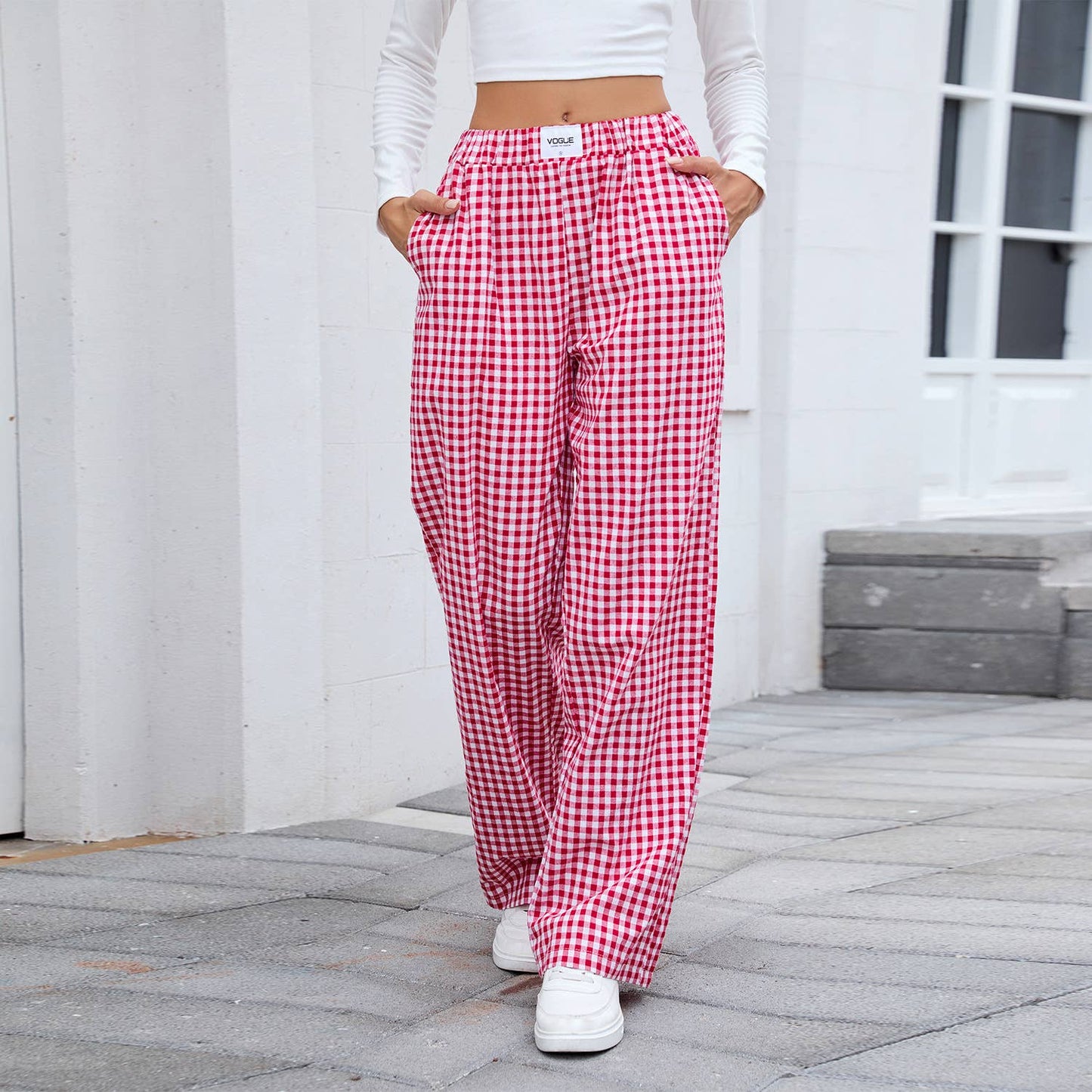 Pure cotton checkered casual loose trousers