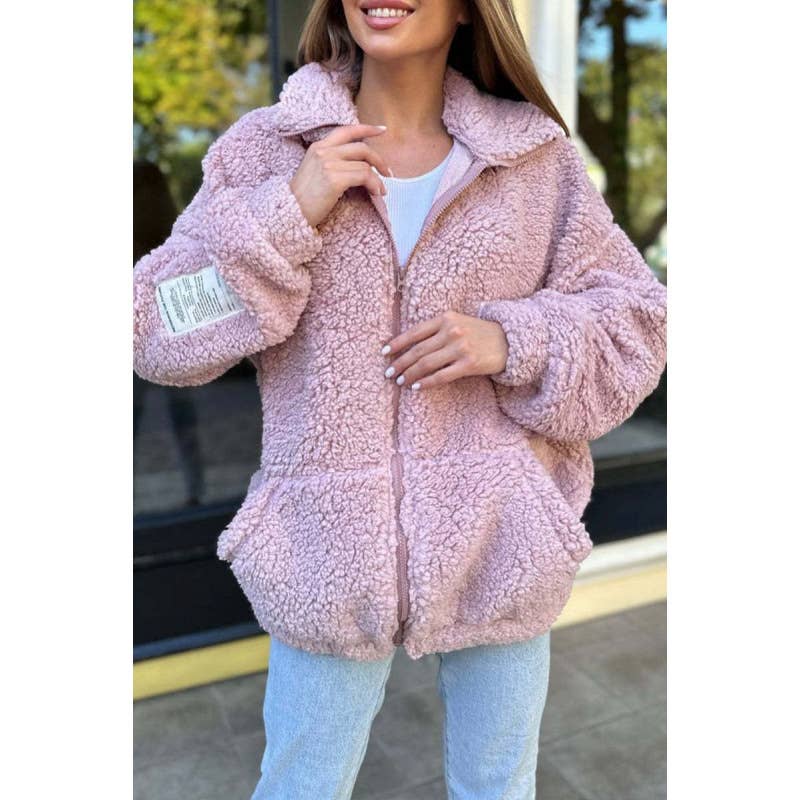 SOLID COLOR LAPEL ZIPPER FLEECE CARDIGAN COAT