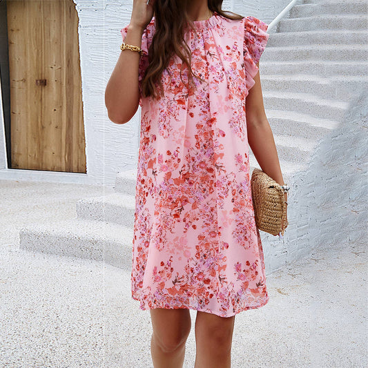Elegant printed round-neck flying sleeve dress