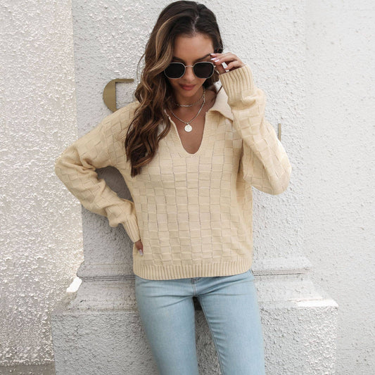 Stereoplaid lapel sweater women loose