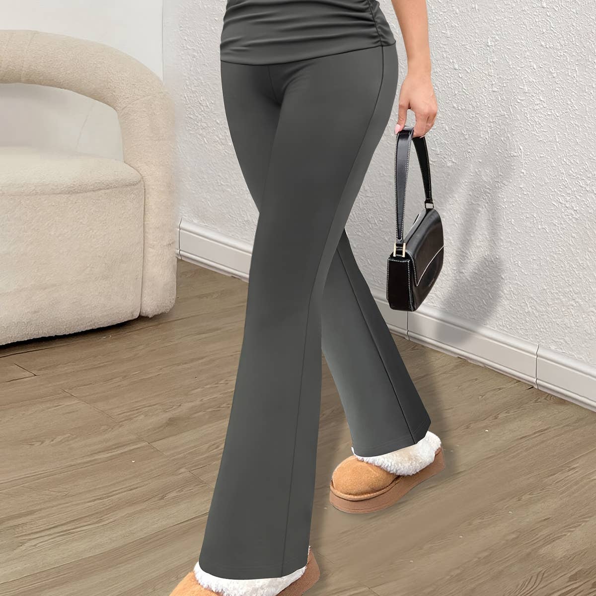 Fashion pleated waistband flip micro-flared pants