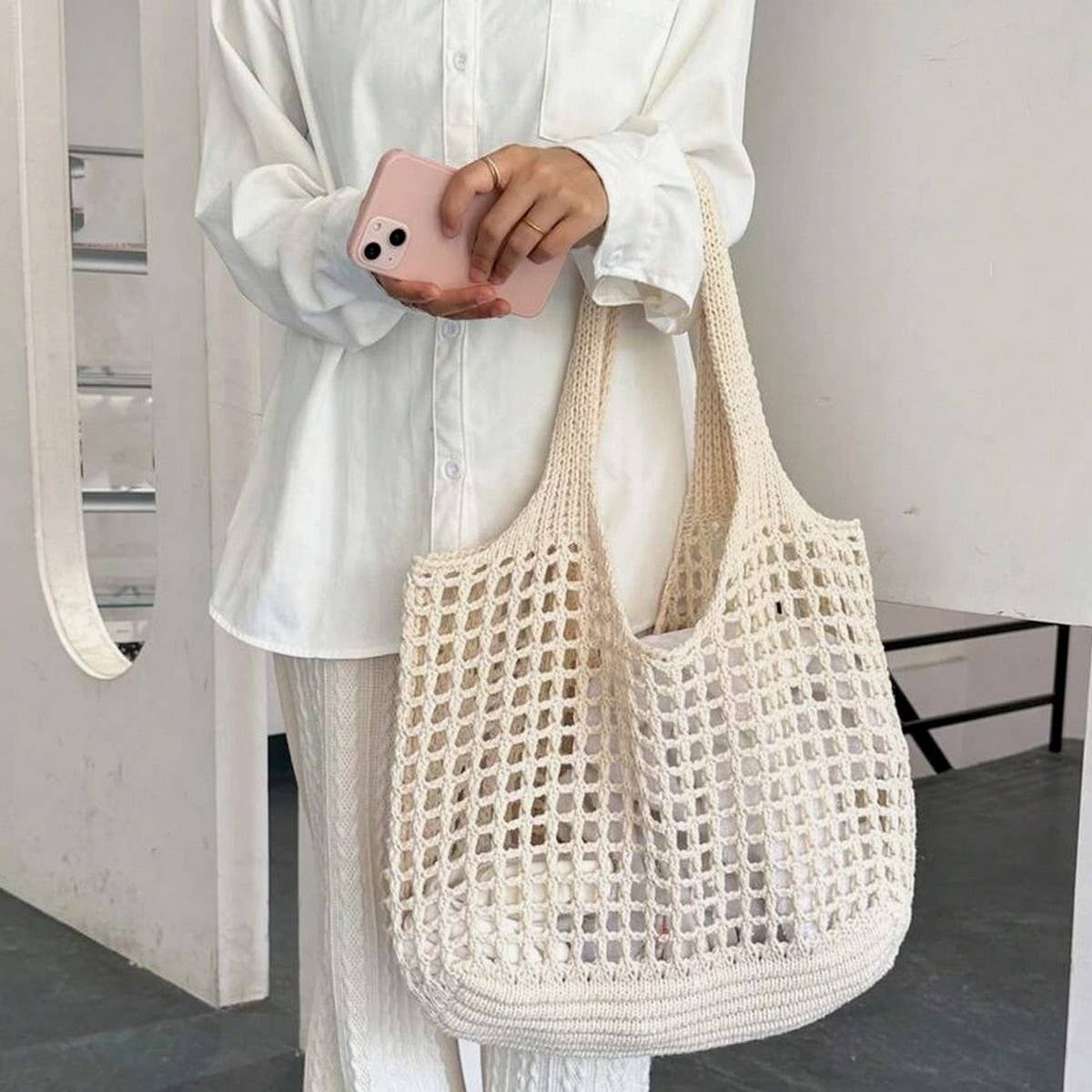 CWAB5056_NEW STYLE SHOPPING KNITTED HOLLOW WOVEN BAG