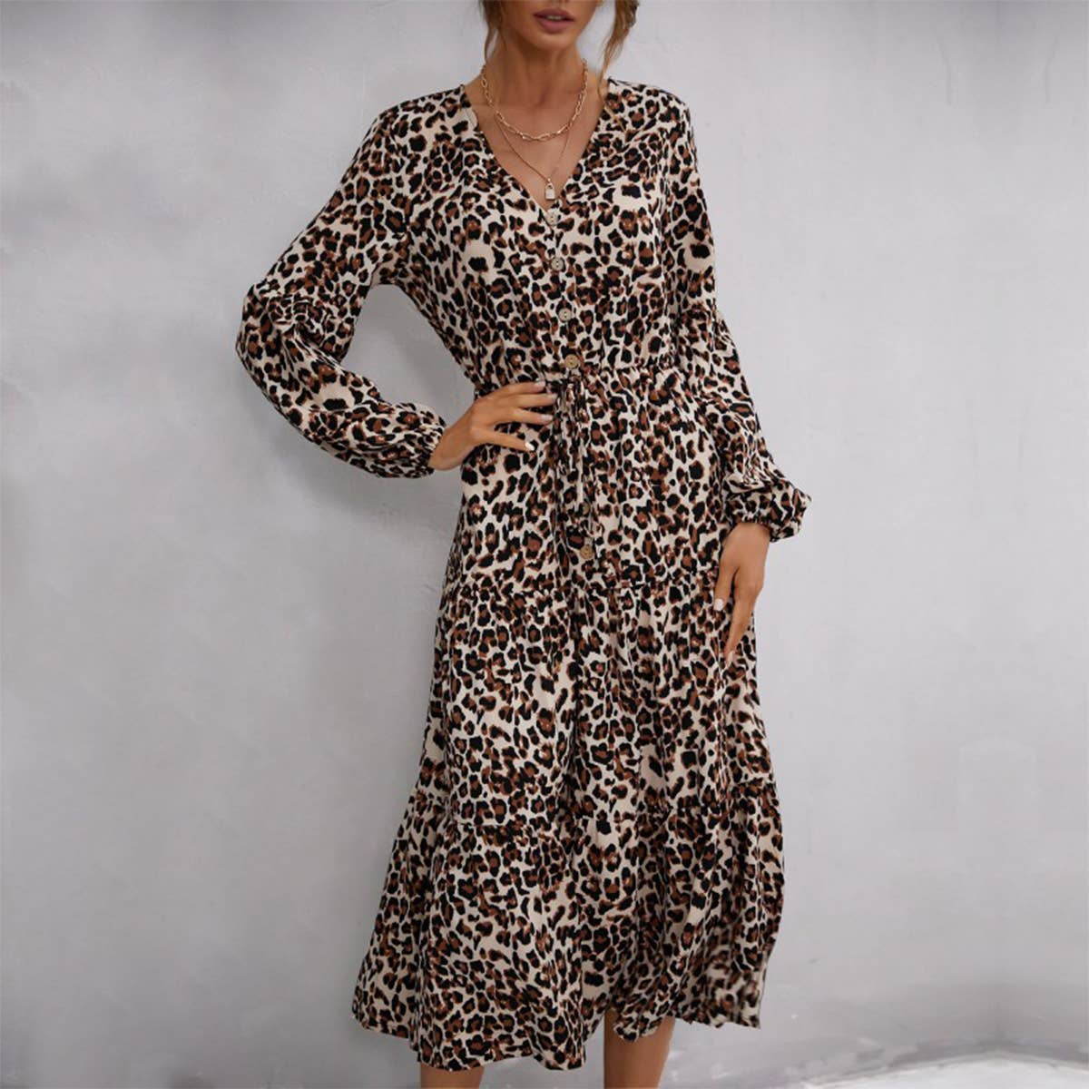 LEOPARD PRINT V-NECK LONG DRESS WITH RUFFLES