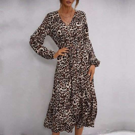 LEOPARD PRINT V-NECK LONG DRESS WITH RUFFLES