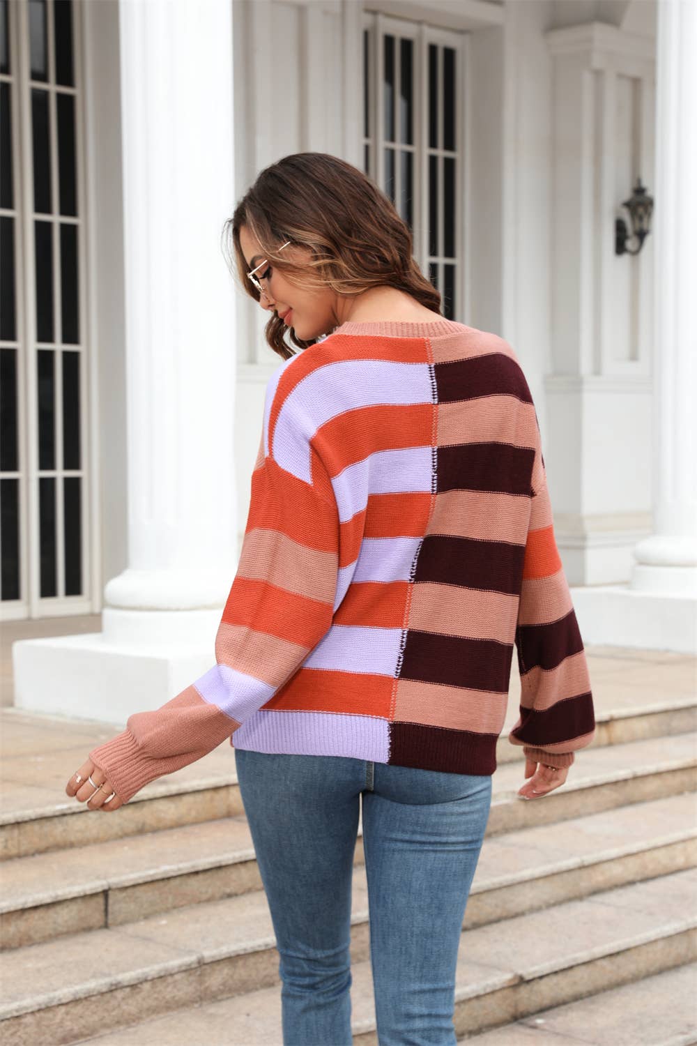 STRIPED CONTRA COLOR CREW NECK SWEATER PULLOVER
