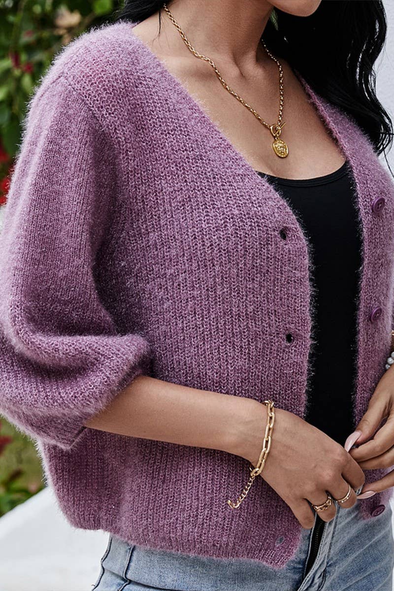 CWOCAL0792_V-NECK 3/4 SLEEVES SHORT KNITTED CARDIGAN