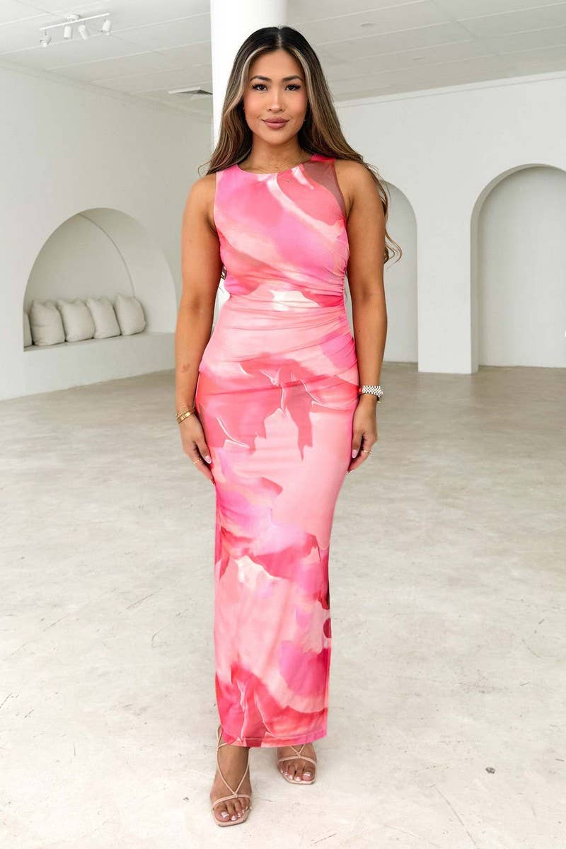 CWDMD5543_ELEGANT FLORAL WAIST?CINCHING SLIM FIT DRESS