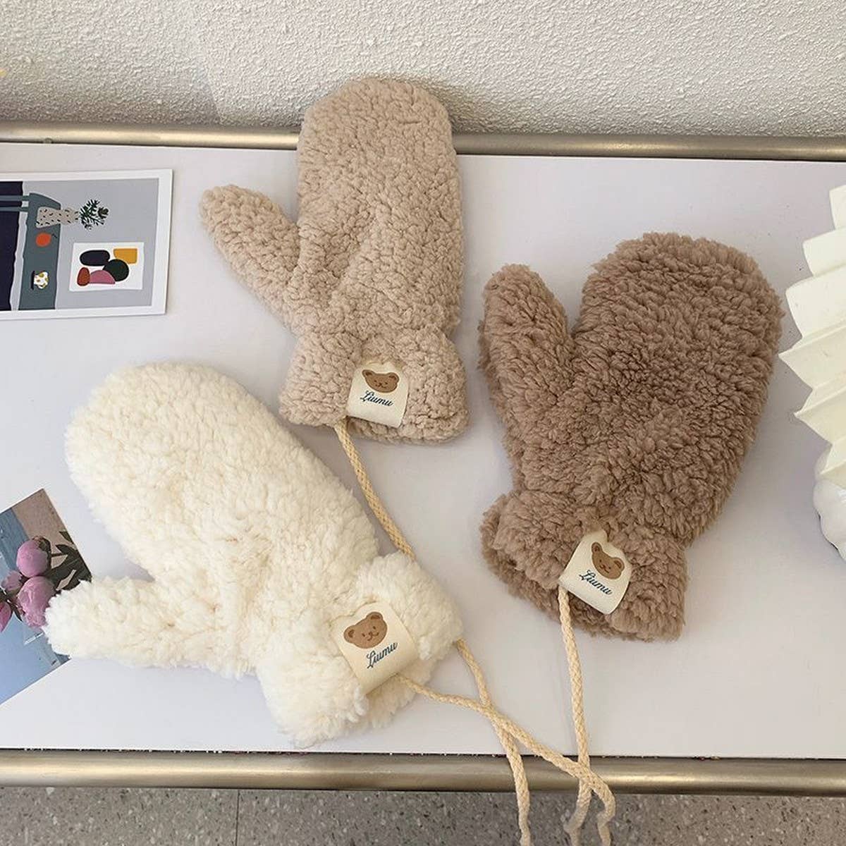 Cute Bear Fleece Mittens ? Warm Neck Strap Gloves_CWAG0178