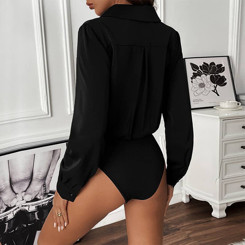 V-NECK SOLID COLOR LONG SLEEVE SEXY JUMPSUIT