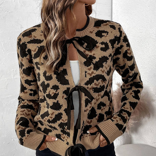 Leopard print bow strap knit cardigan jacket