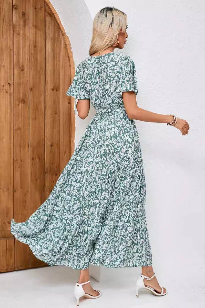 CWDMD4122_BOHEMIAN V-NECK TIE-UP PRINTED BEACH DRESS