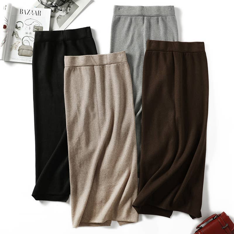 SIMPLE SLIM-FIT WRAP BOTTOM SPLIT KNIT SKIRT
