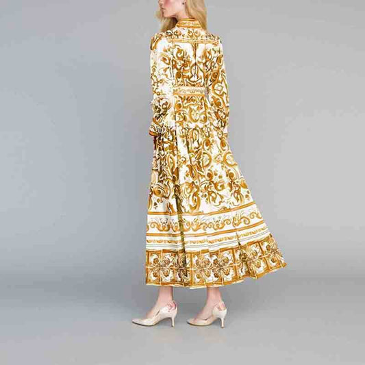 STAND COLLAR SINGLE-BREASTED PRINTED DRESS