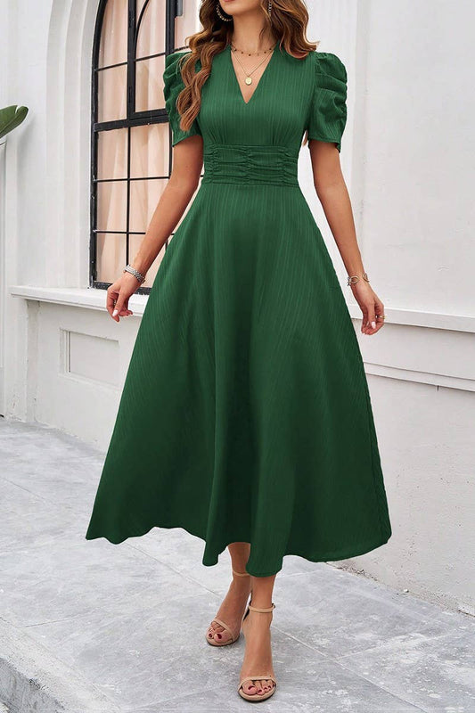 CWDMD5340_V-NECK ELEGANT SOLID COLOR HIGH WAIST DRESS