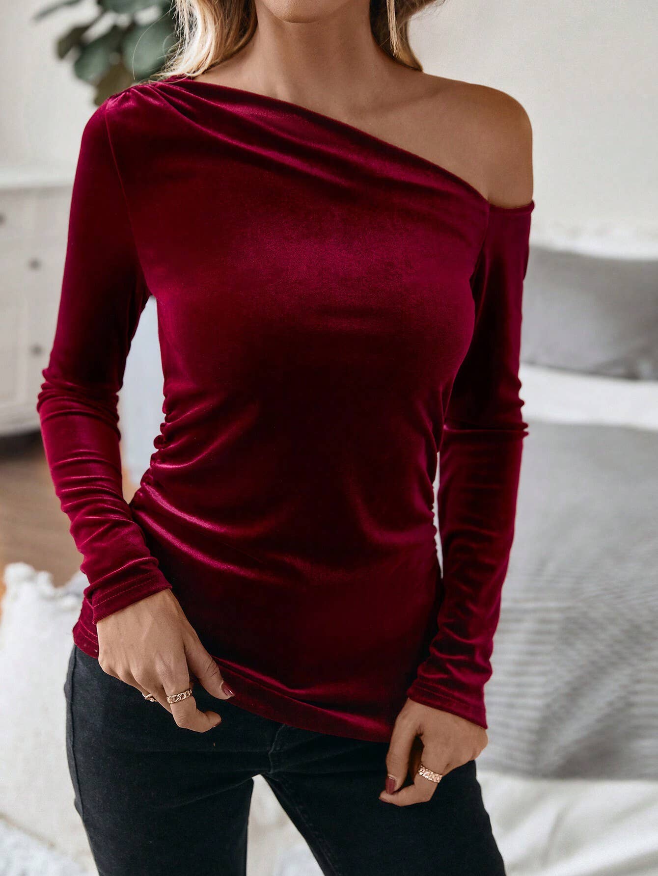Off-The-Shoulder Velvet Top With Sloping Neck