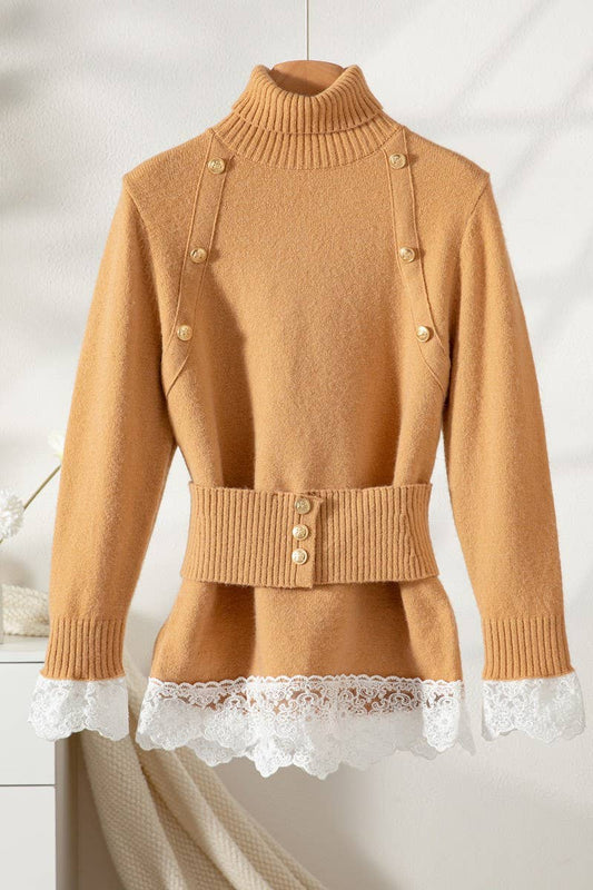 CWOSWL07446_LAPEL LACE PANELED BELTED KNITTED TOP