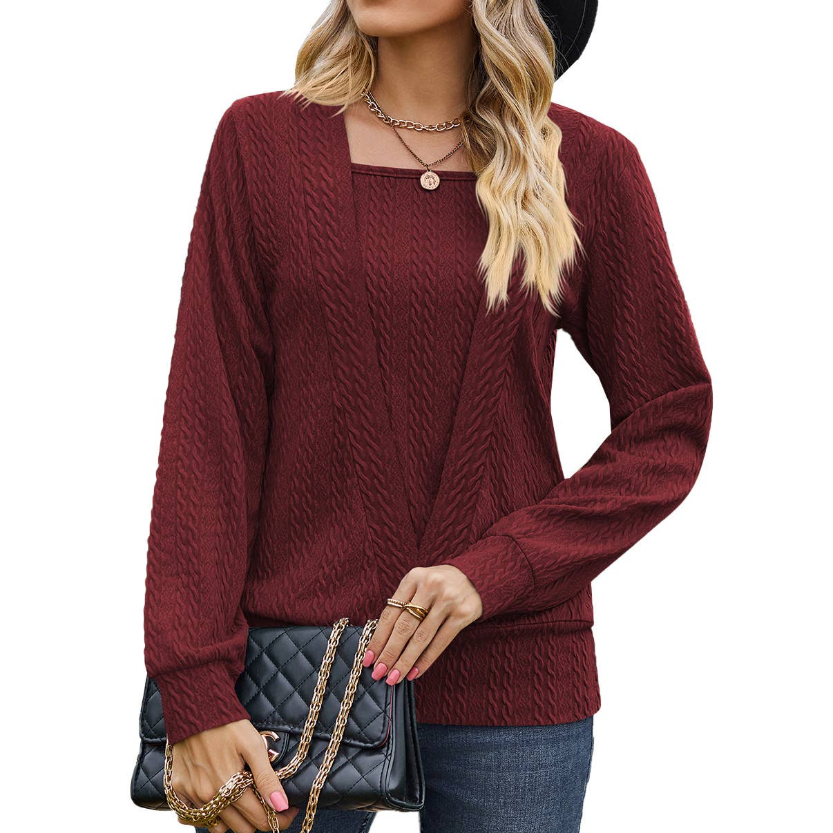 SQUARE NECK CROSS LONG SLEEVE LOOSE T-SHIRT