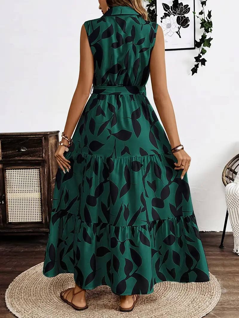 Elegant printed and a cinched waist long dress