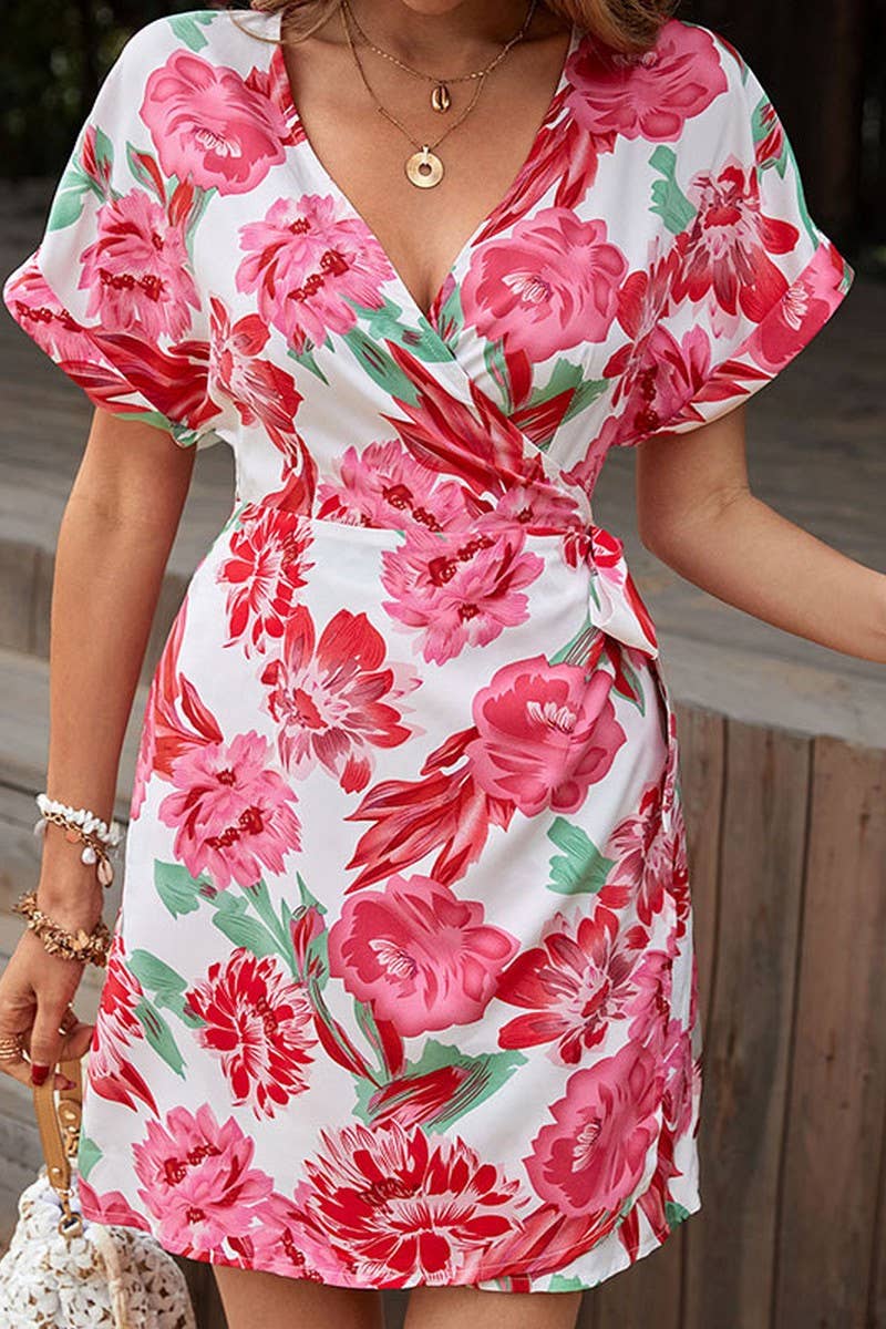CWDSD2761_Deep V-Neck Wrap Short Sleeve Print Dresses