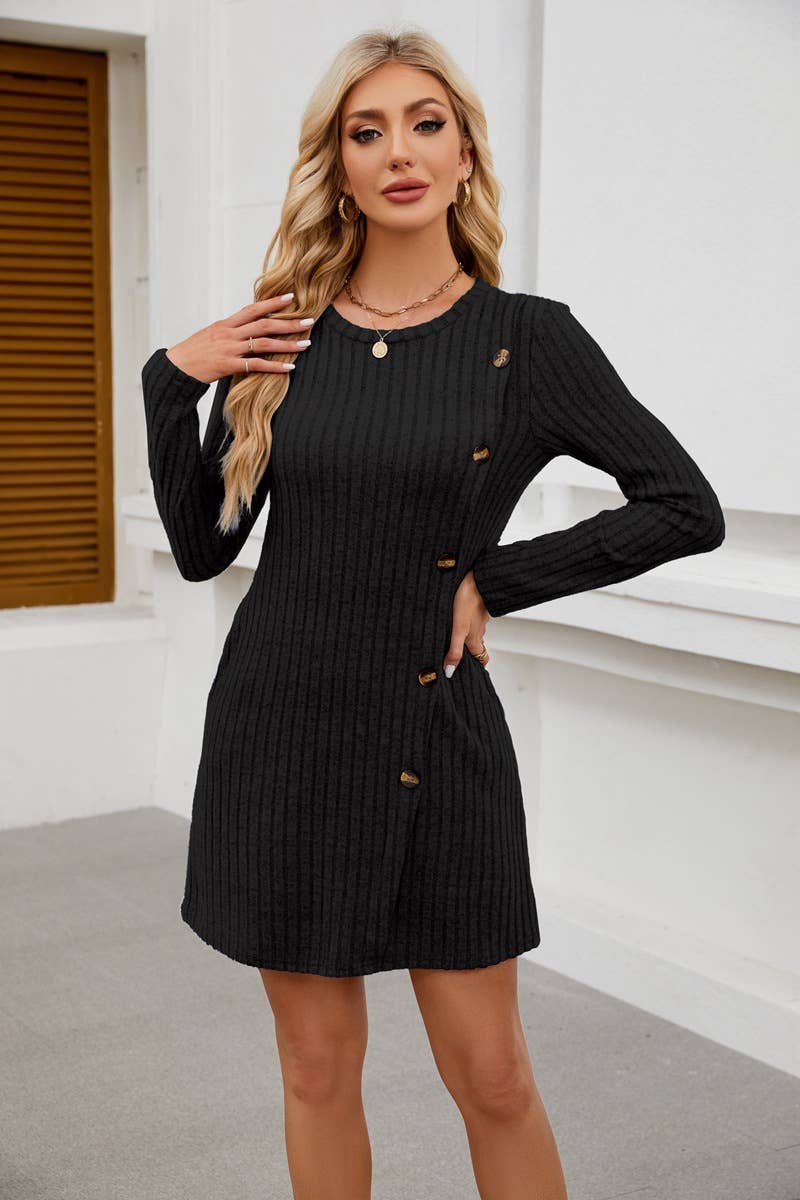 ROUND NECK SIDE BUTTON POCKET LONG SLEEVE DRESS