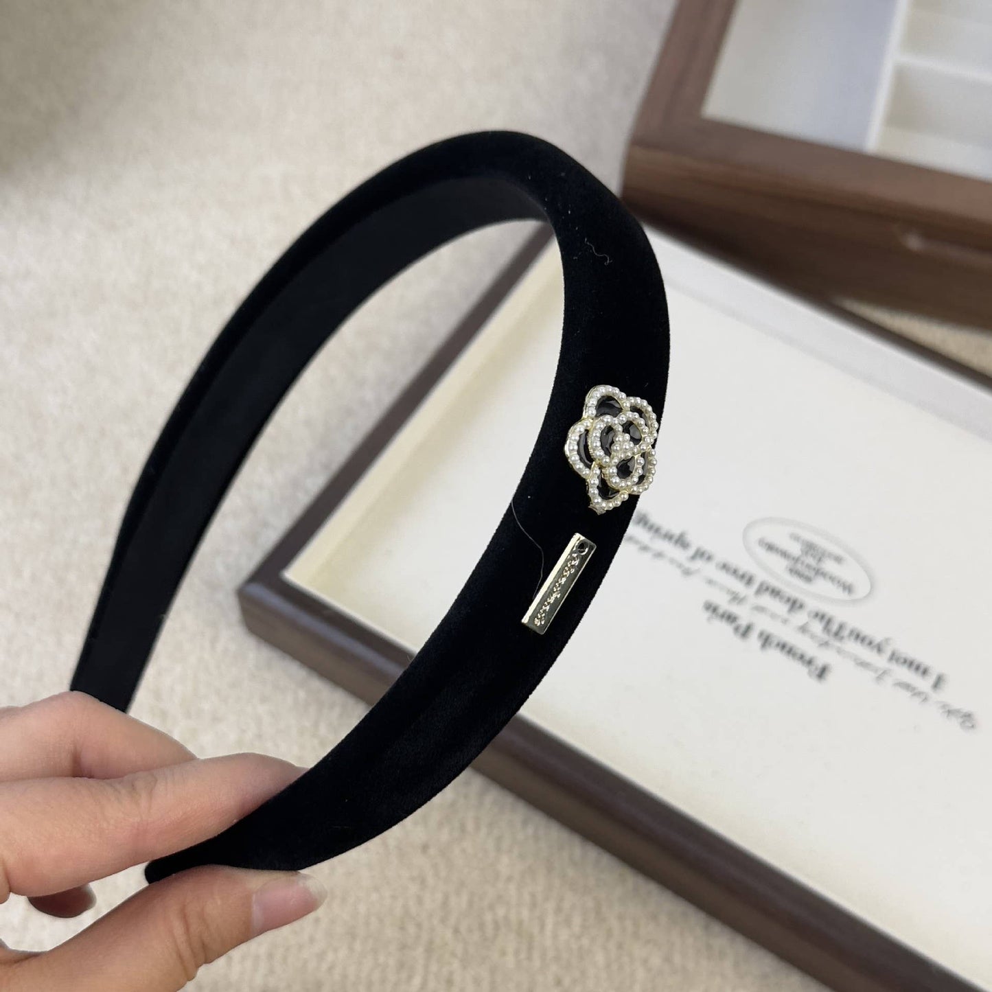 HIGH QUALITY CAMELLIA BLACK VELVET HAIR BAND