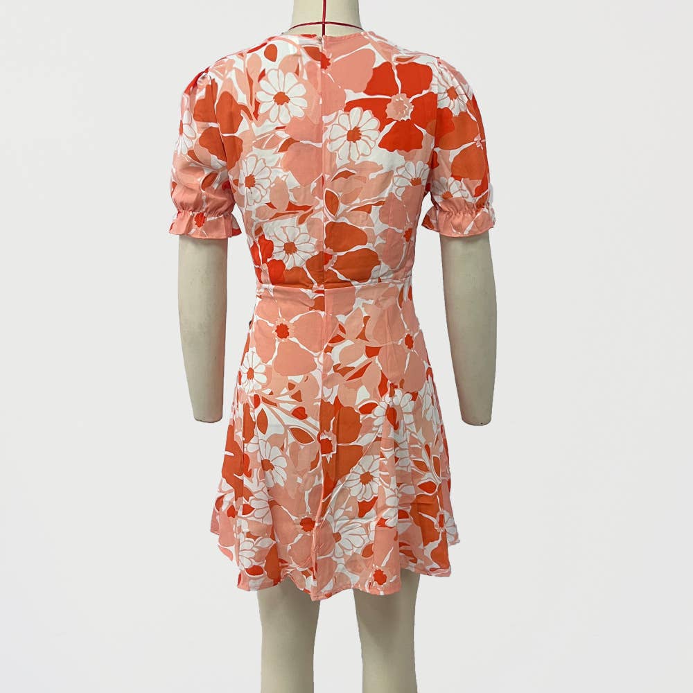 V-NECK PRINTED WAIST SKIRT DRESS