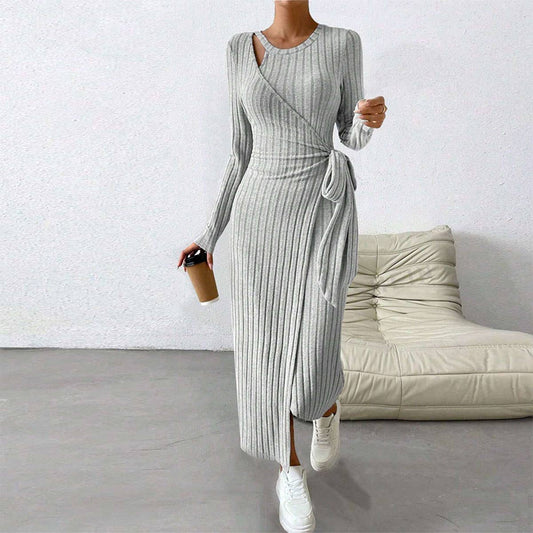 KNIT SOLID COLOR DRESS IRREGULAR LONG DRESS