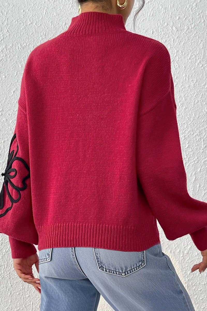 CWOSWL07331_WOMEN RIBBON EMBROIDERED LANTERN SLEEVE SWEATER