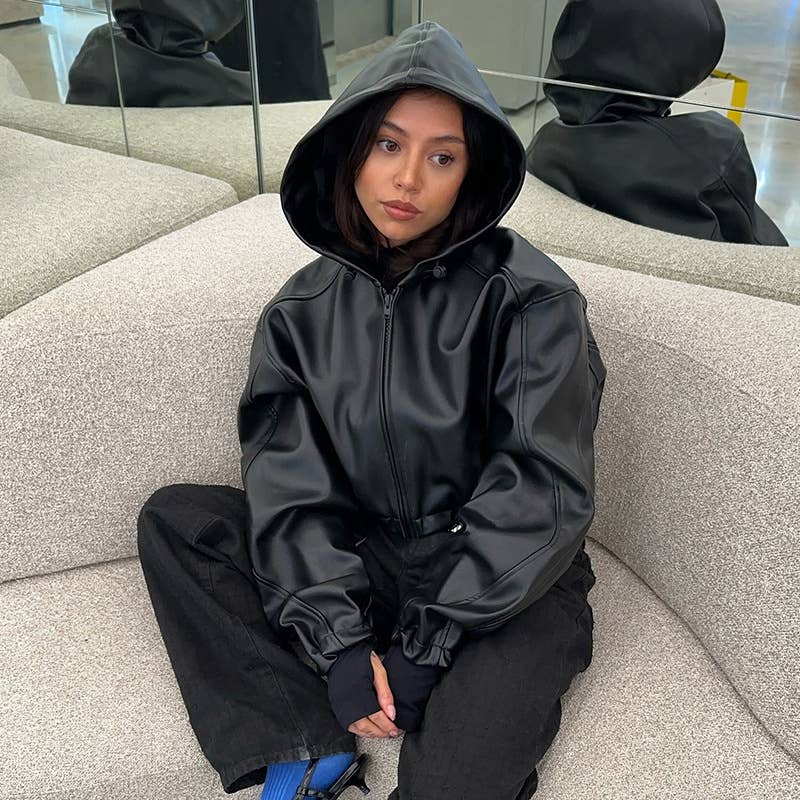 STREET PU LEATHER HOODED SHORT LOOSE COAT