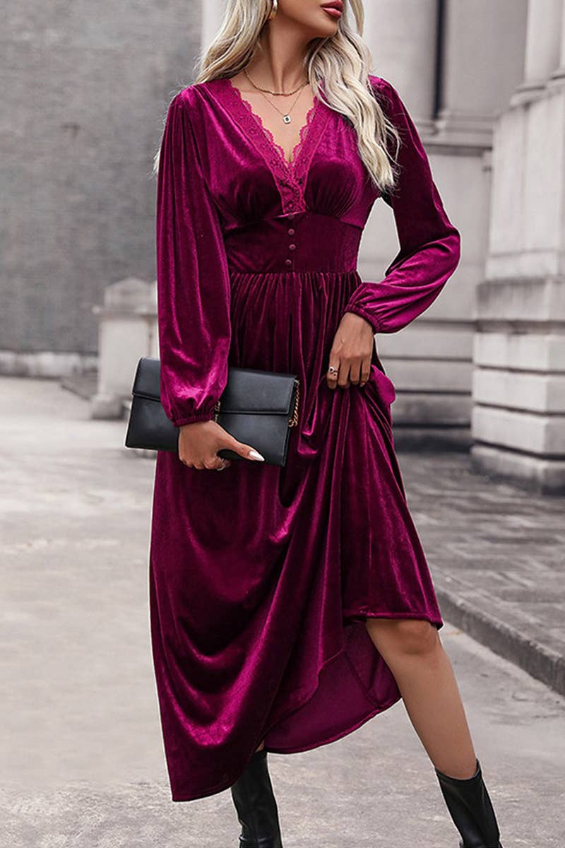 CWDMD4815_SOLID COLOR HIGH-GRADE VELVET LONG-SLEEVED DRESS