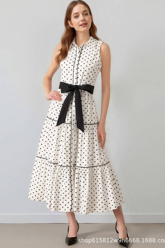 CWDMD6435_SLEEVELESS POLKA DOT TIE WAIST COLLAR DRESS