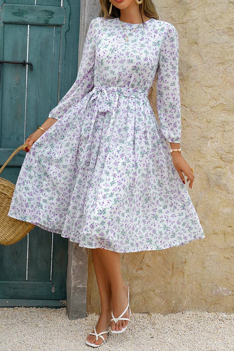 CWDMD5339_HOLIDAY CASUAL STYLE FLORAL TIE WAIST DRESS