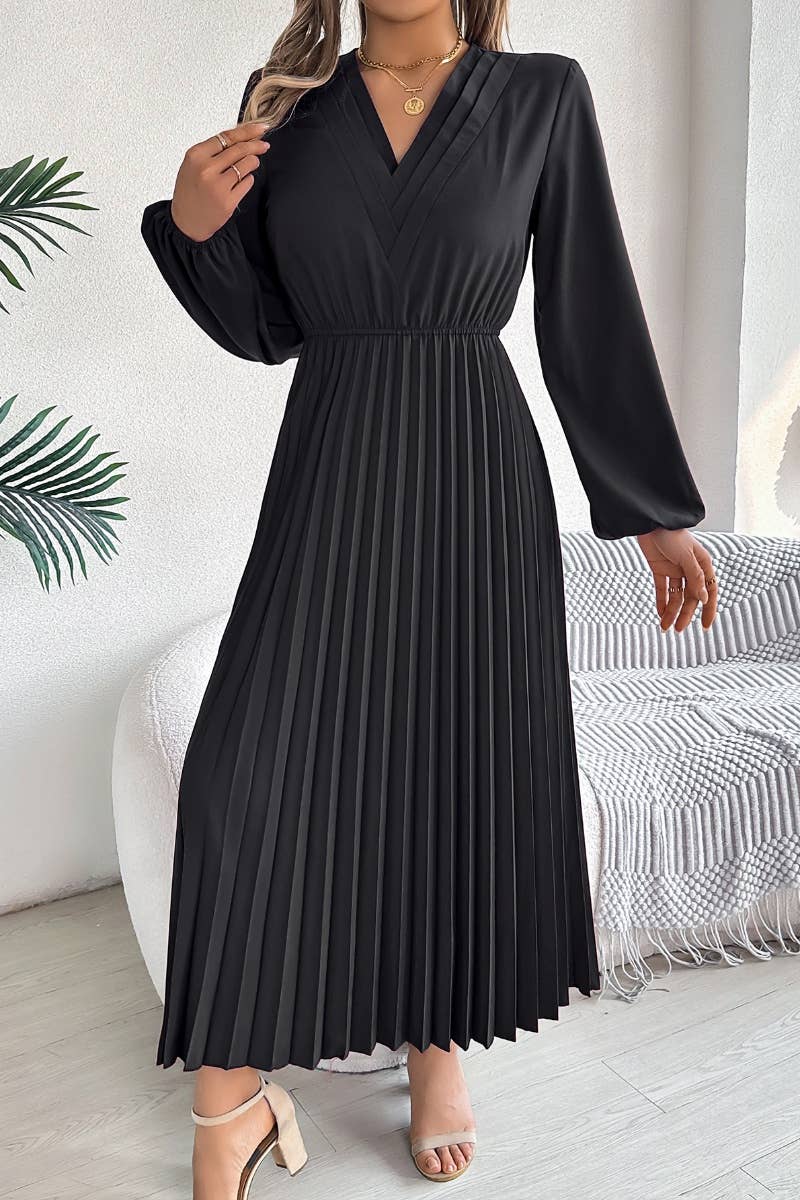 CWDMD3462_V-NECK LONG SLEEVE WAIST PLEATED DRESS LONG STYLE