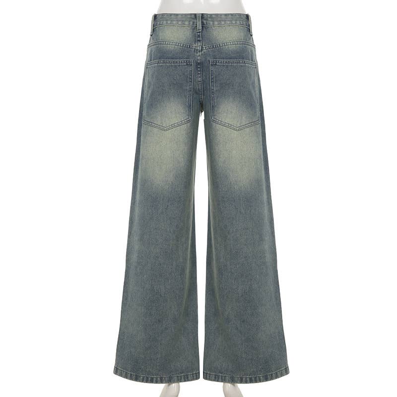 Retro washed and aged low-rise jeans