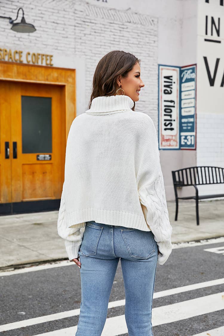 TURTLENECK FLORAL PULLOVER SOLID COLOR SWEATER