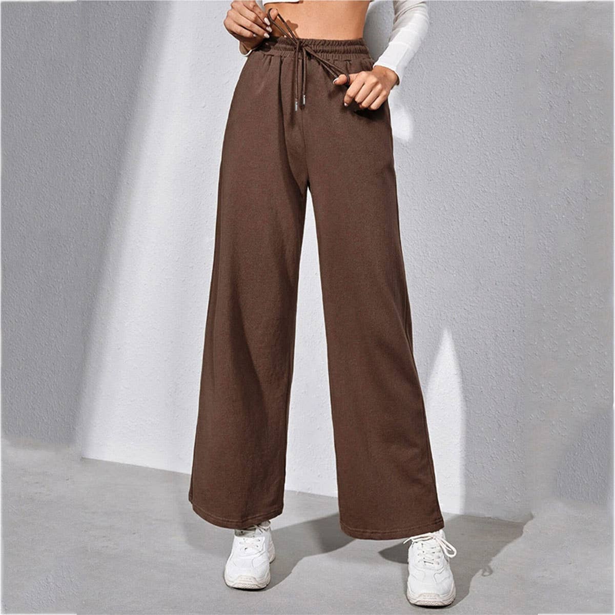 LOOSE CASUAL SOLID COLOR ROPE WIDE LEG PANTS