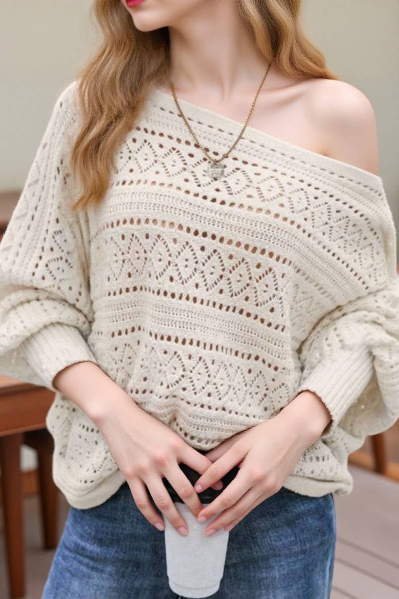 CWOSWL07628_CROCHET HOLLOW BATWING OFF SHOULDER SWEATER