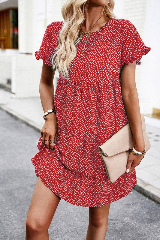 CWDSD2333_Round Neck Floral Ruffle Short Sleeve Dress