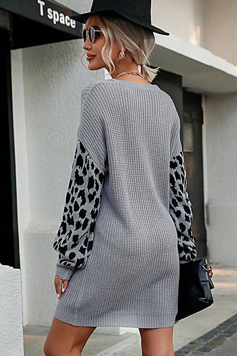 WOMEN COLOR MATCHING LEOPARD V NECK SWEATER DRESS_CWDSD1960