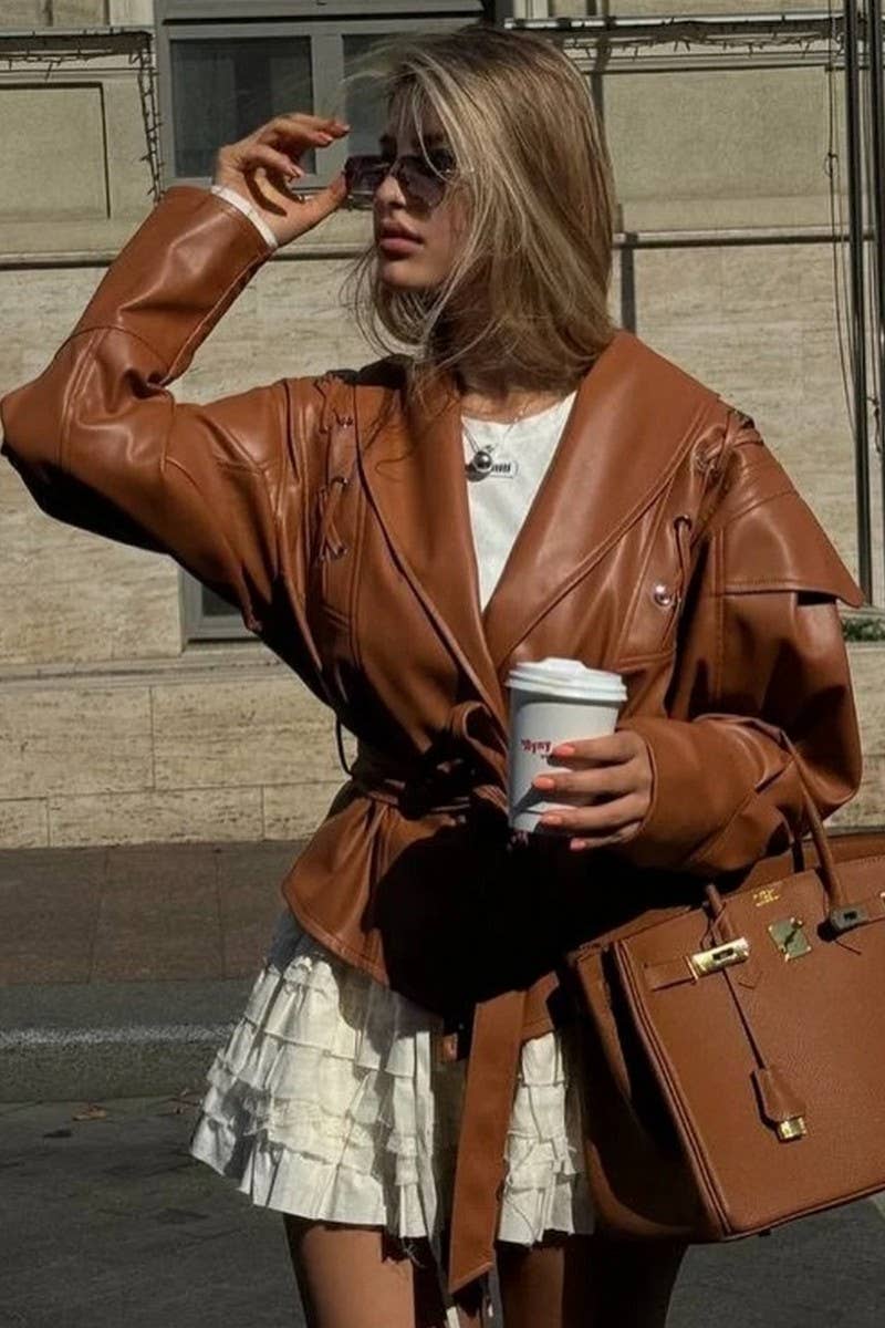 CWOCO1063_VINTAGE CASUAL LACE-UP FAUX LEATHER JACKET