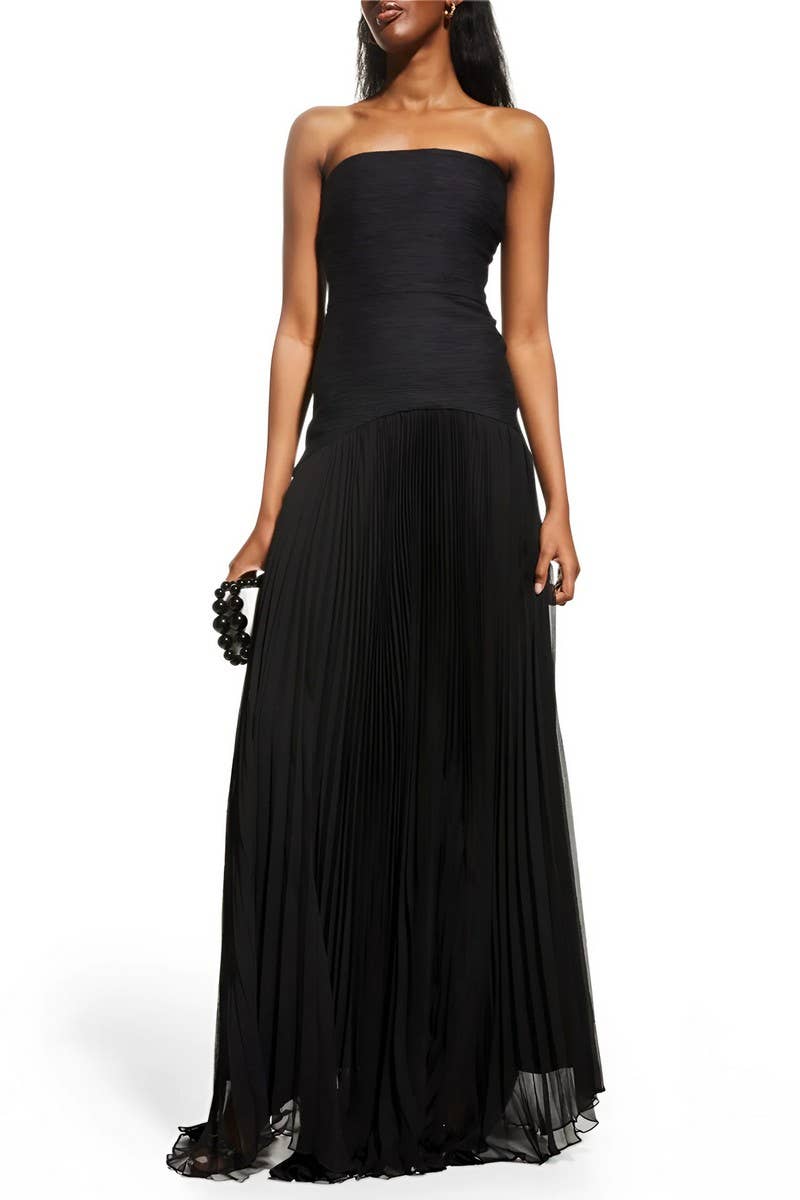 CWDMD6029_SOLID CASUAL RIBBED PLEATED STRAPLESS DRESS