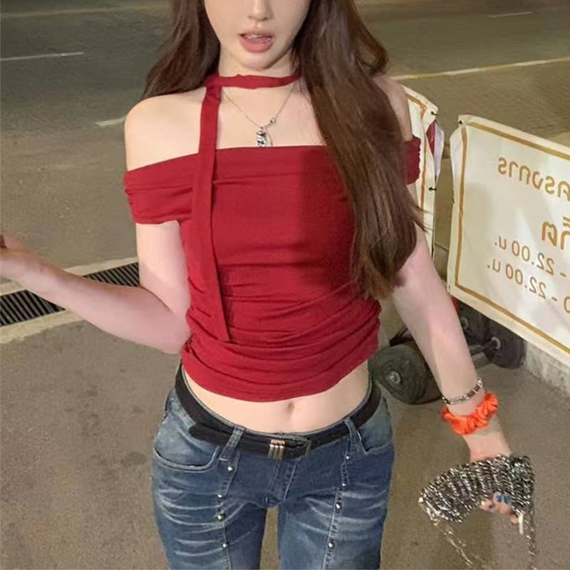 Slim Fit Red Off Shoulder Tie Front Tee
