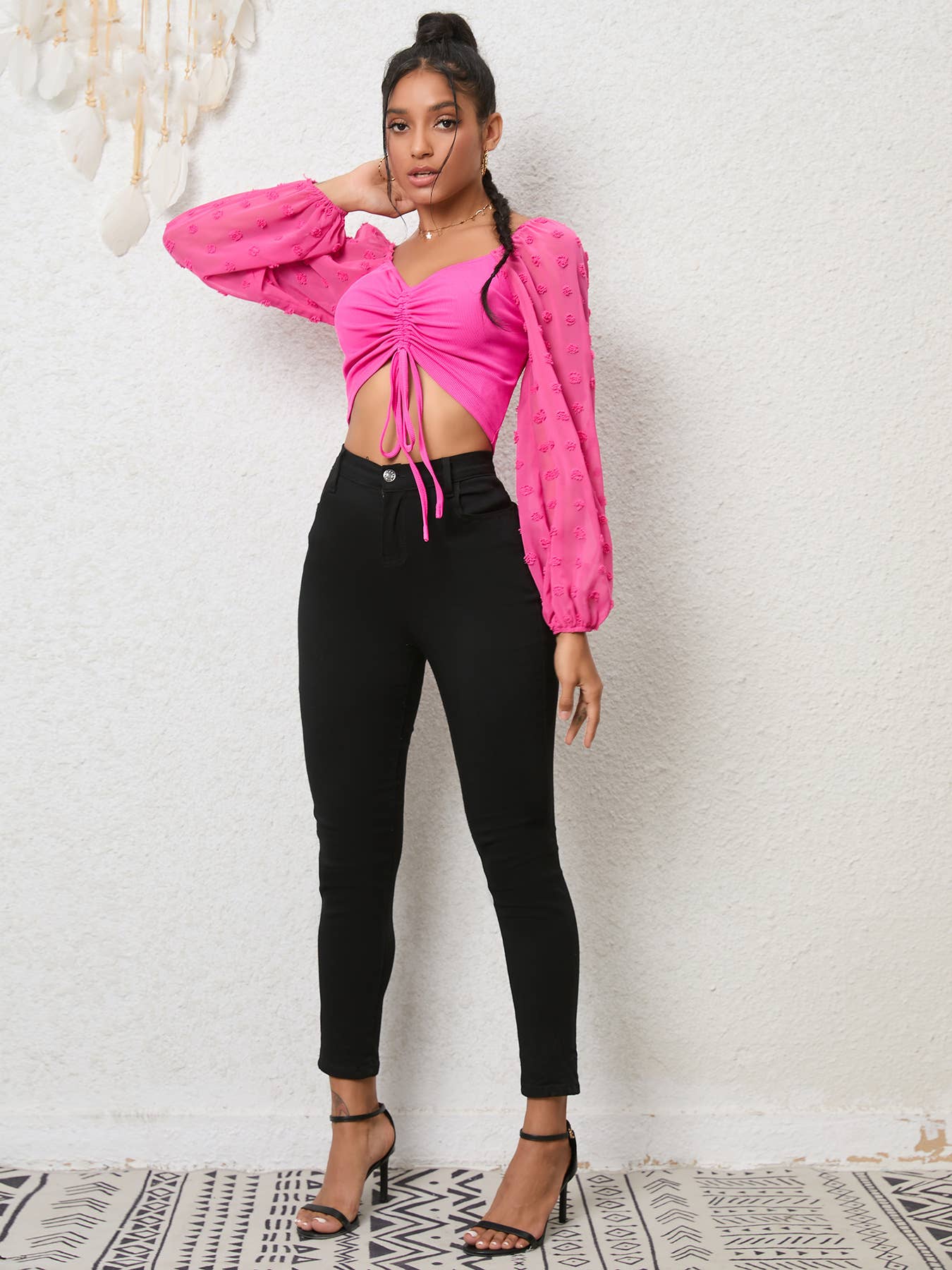 V-neck chiffon drawstring lantern sleeve shirt