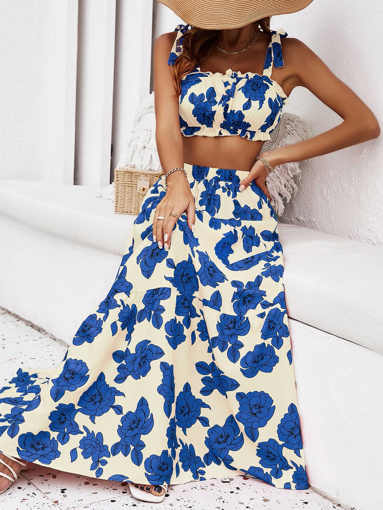 Printed sexy crop cord halter dress set