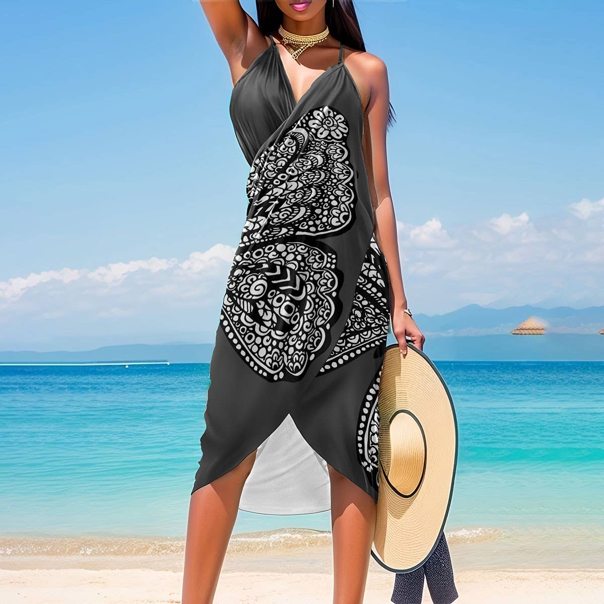 Large Butterfly Print Beach Cover-Up, Bikini Dress